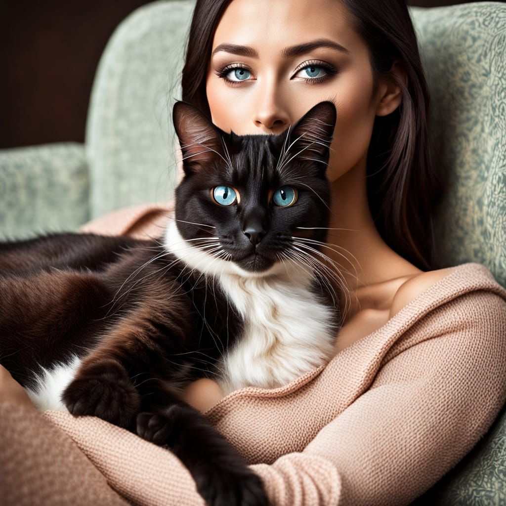 Brunette with Siamese Cat Features in Digital Art