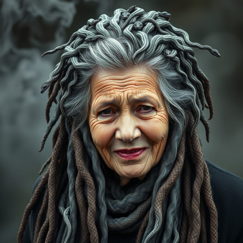 Weary Goddess Surrounded by Loving Serpents in Mystical Atmo...