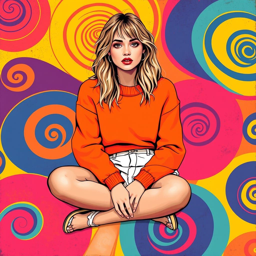 Vibrant Whimsy Girl Sits on Colorful Background