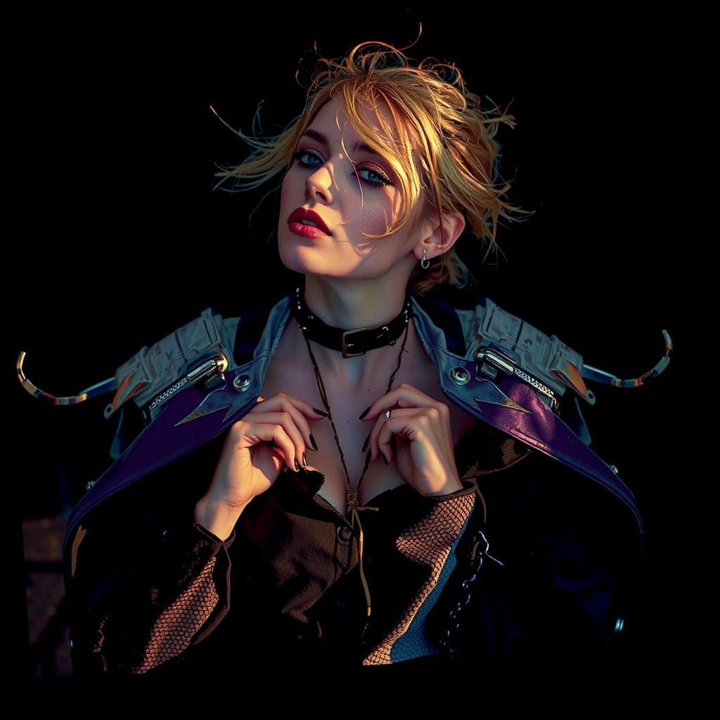 Rugged Glamour: Intense Woman with Windswept Hair