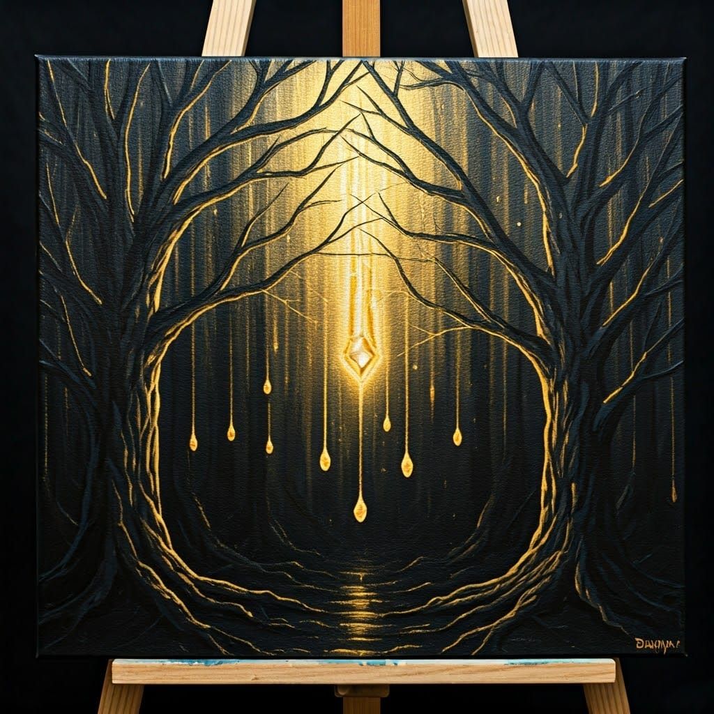 Golden Stars Over Dark Forest in Grunge Style