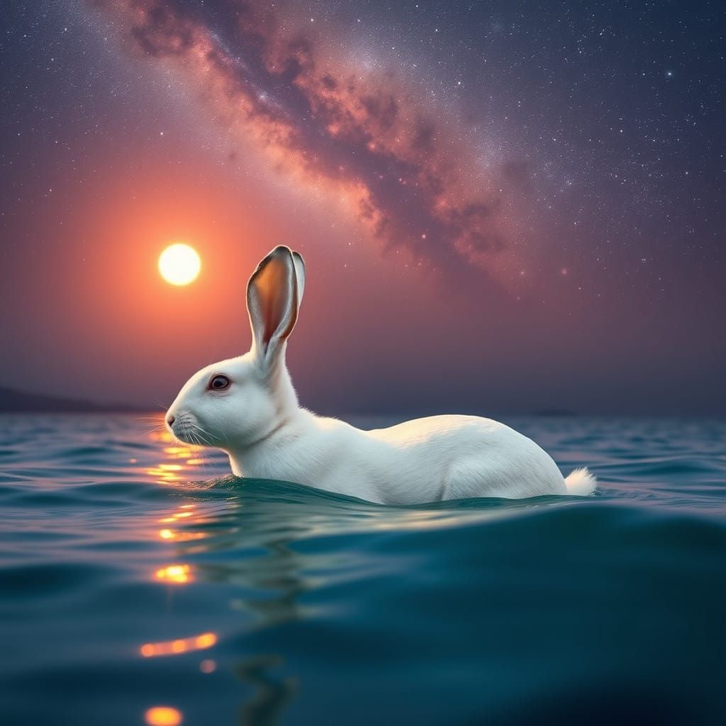 A Realistic Scene of a White Rabbit on a Spaceship above the...