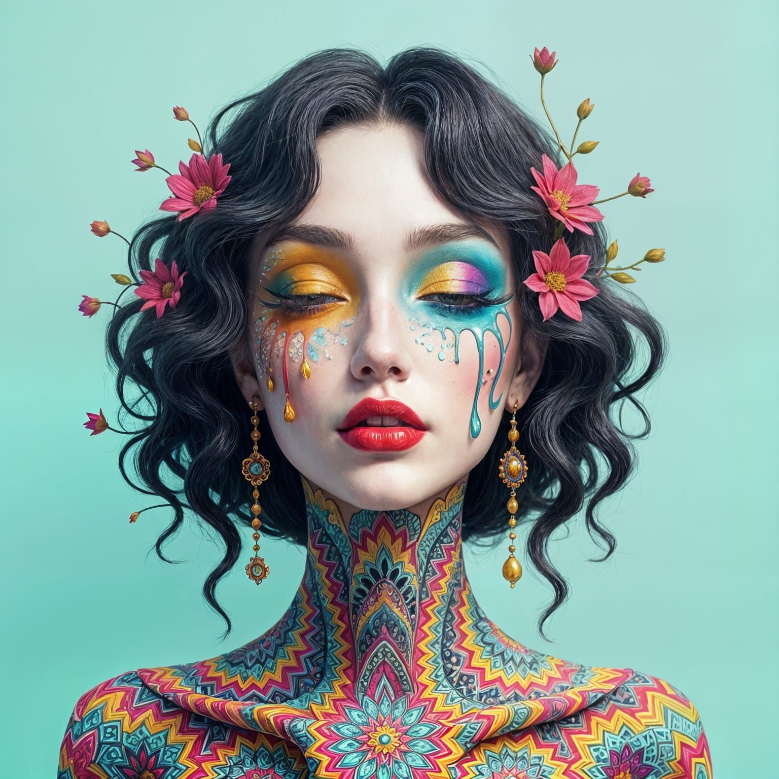 Surreal Melting Woman in Zentangle Dreamscape