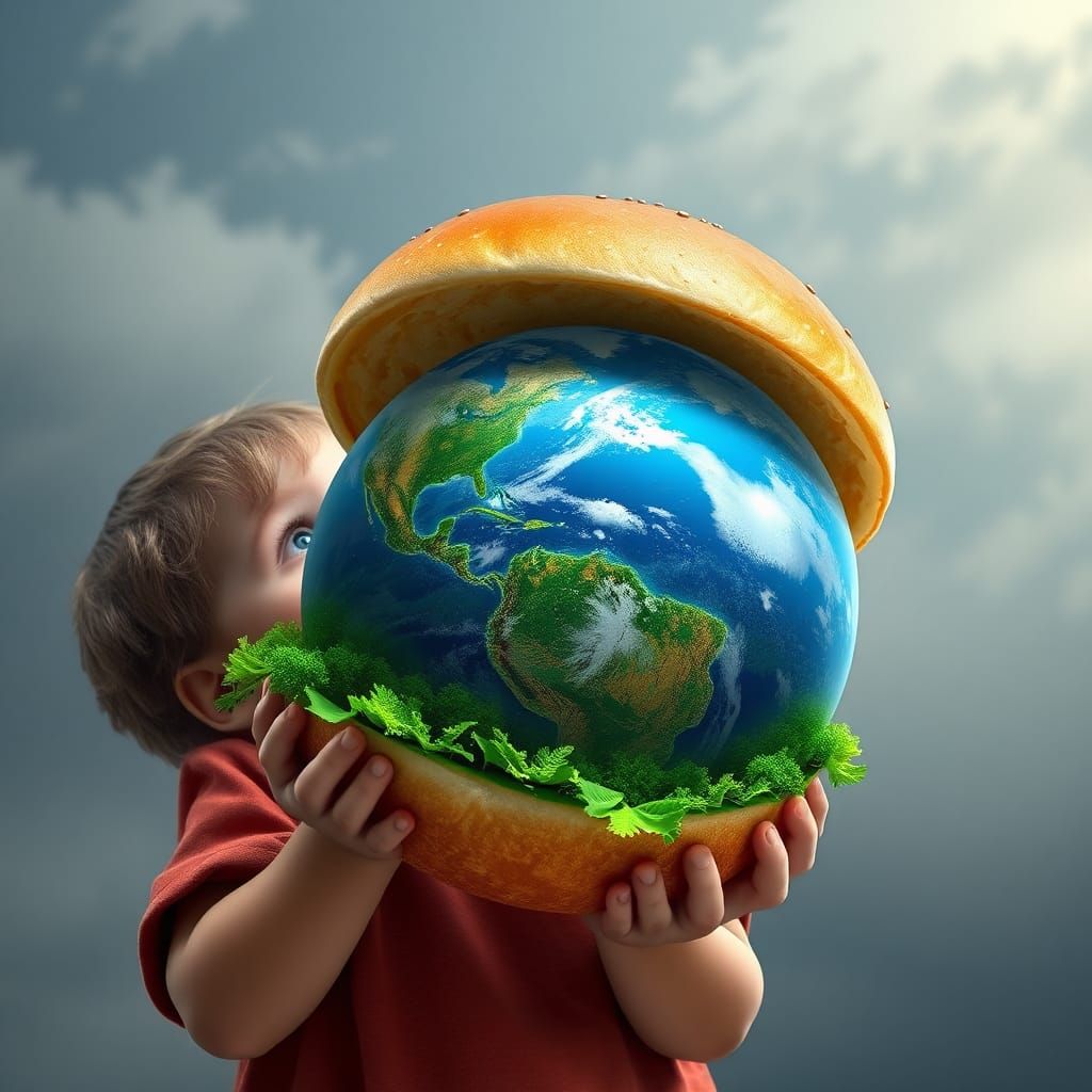 Child Holds Earth Burger: 8K Matte Painting