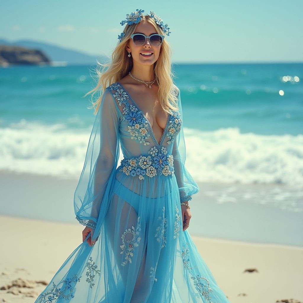 Elegant Woman in Lace Dress on Beach