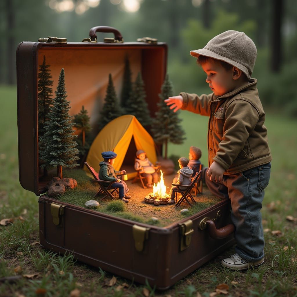 Miniature Campsite Inside Antique Suitcase