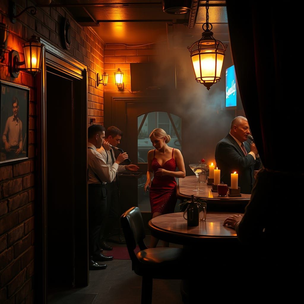 Secret 1920s Speakeasy with Jazz and Noir Ambiance
