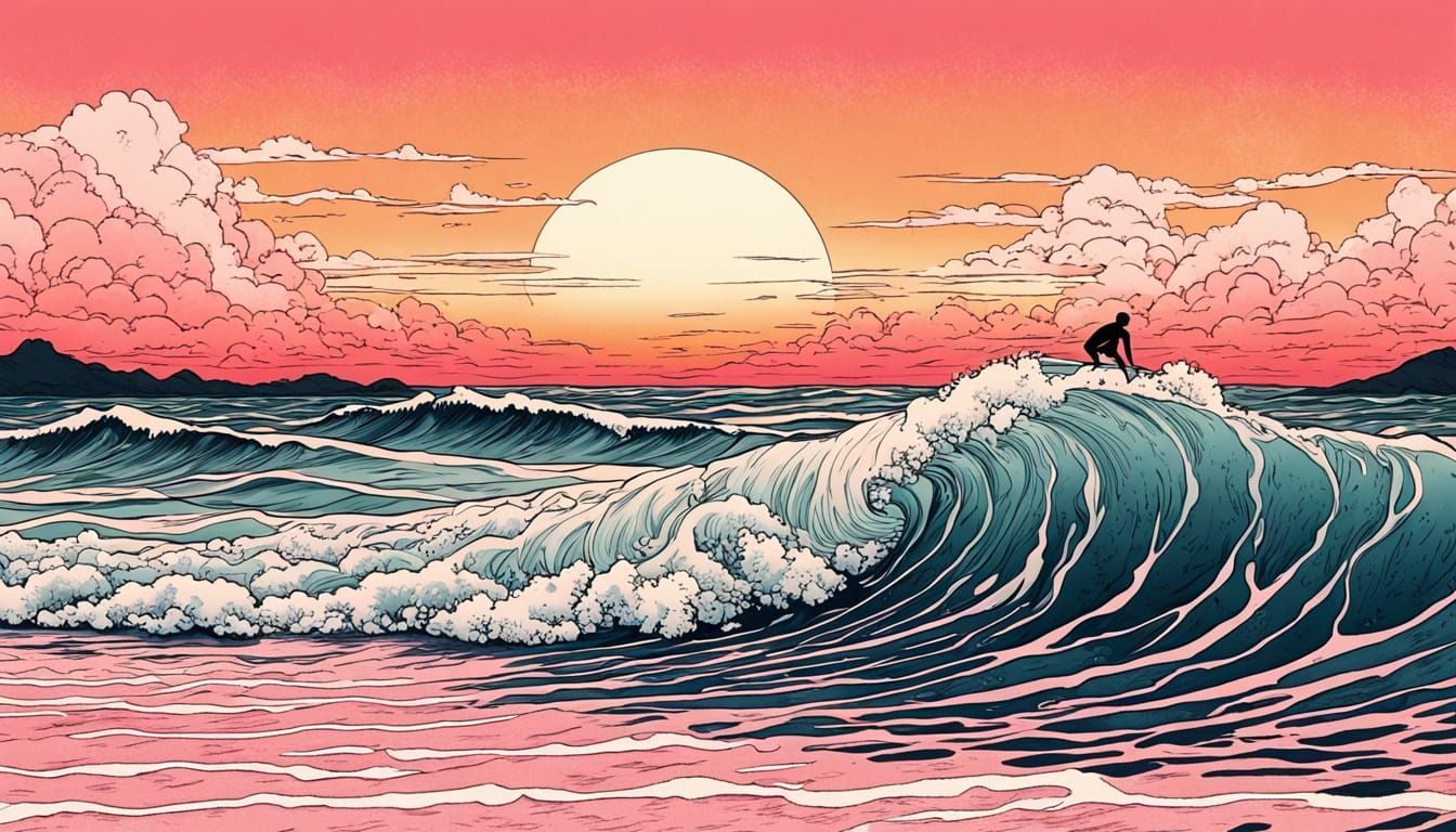 Riding in on Sunset Waves with Ukiyo-e Flair