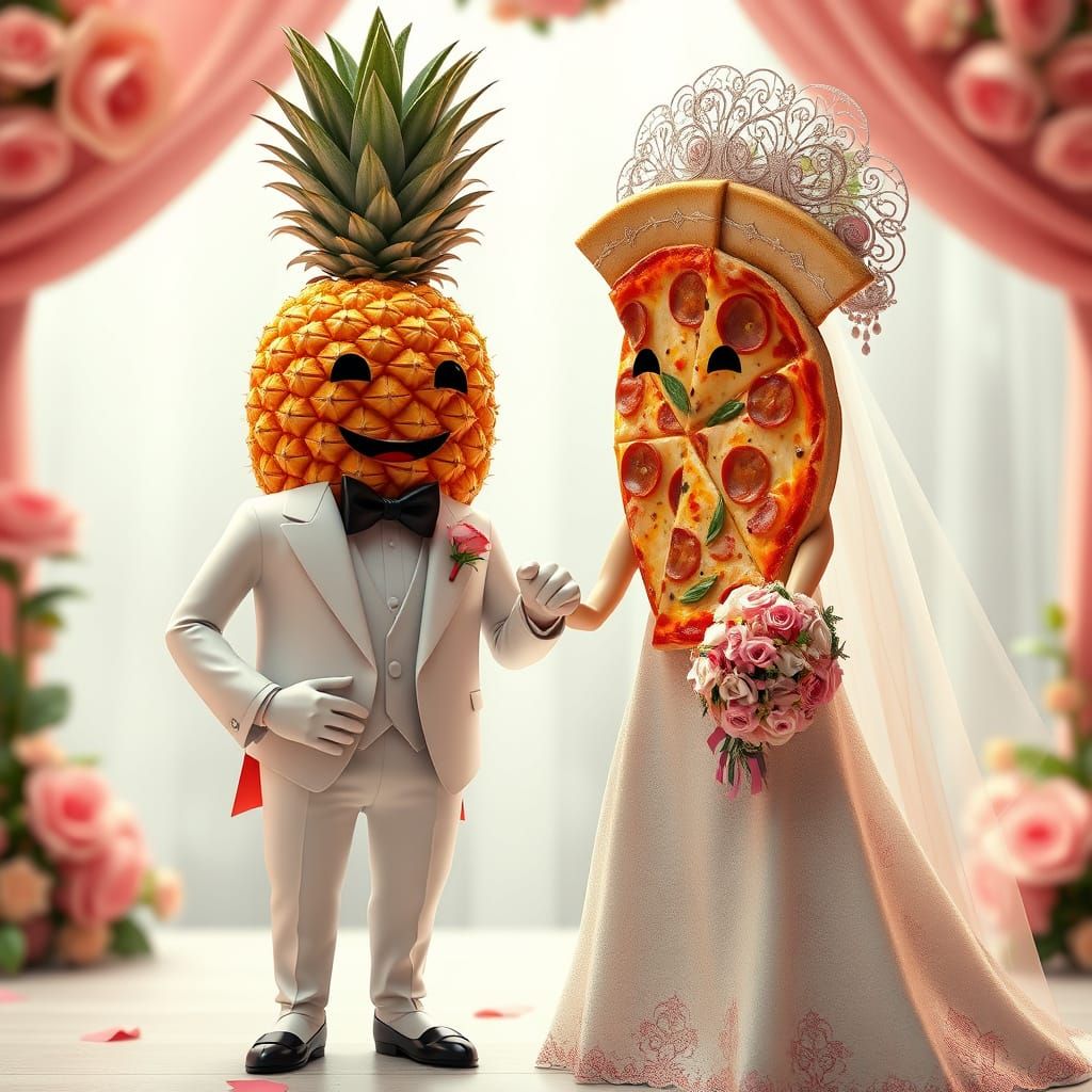 Romantic Union of Fruit and Pizza in Anime-Inspired Art