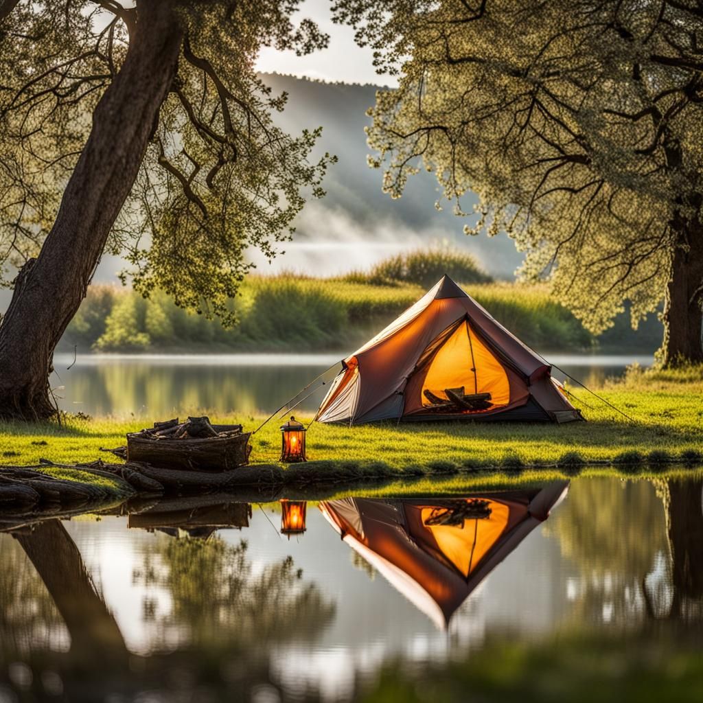 Lakeside Camping Scene with Tent and Apple Tree