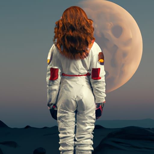 Woman in Spacesuit Gazing at Moonset in Retro Wave Style