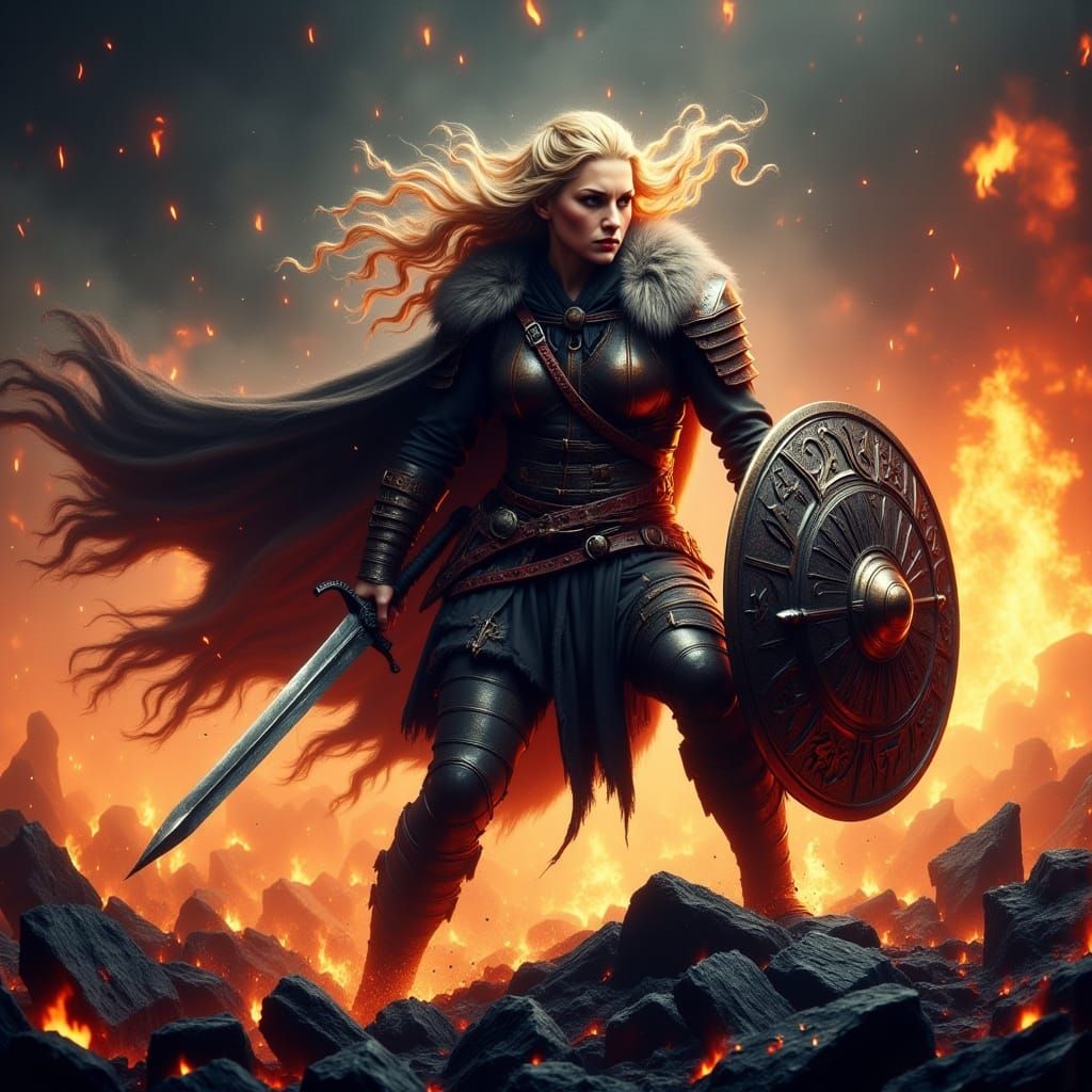 Viking Warrior Defies Flames on Battle-Scarred Landscape