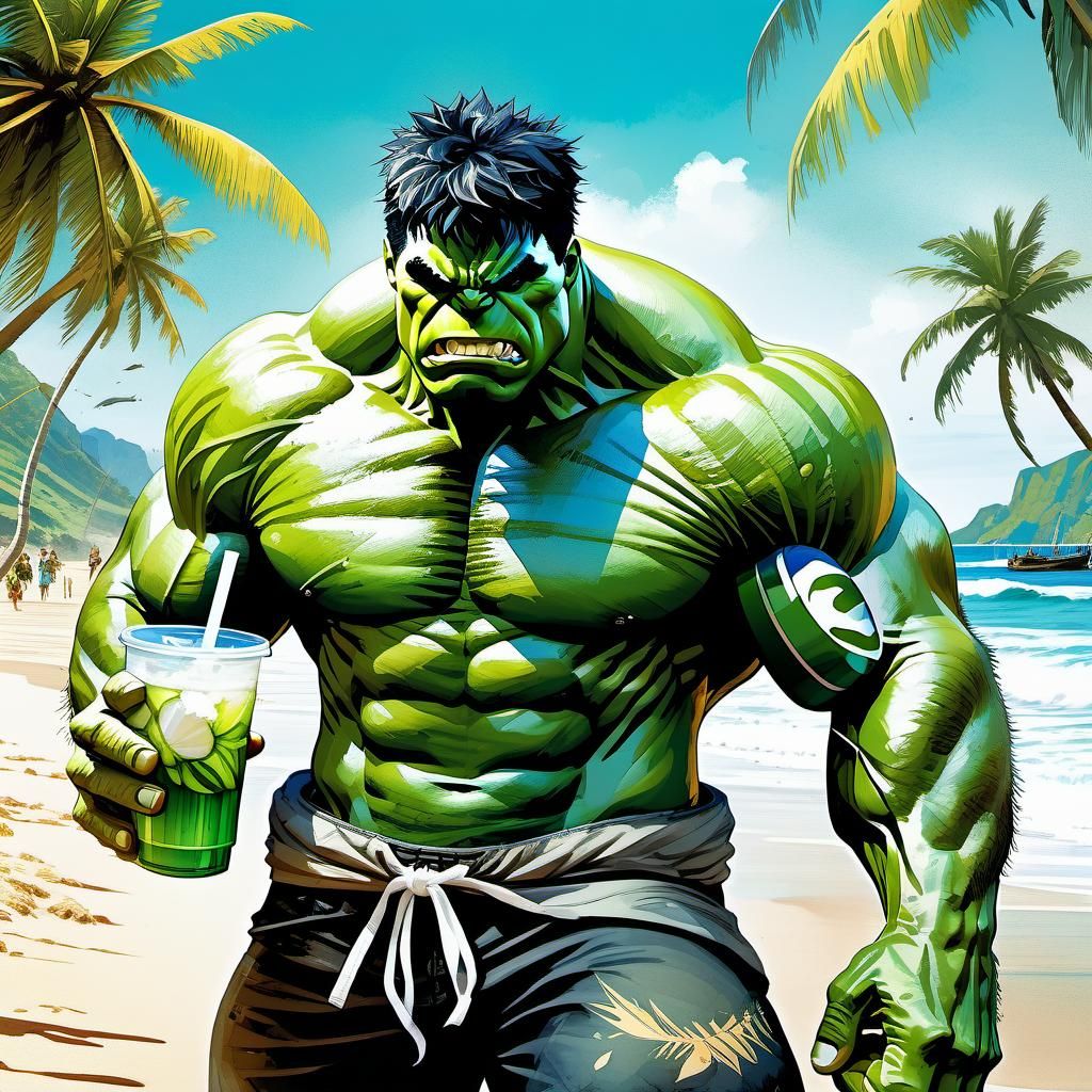 "Cinematic Hulk superhero, casual wear, drinking coconut water, in marena beach,  illustration by Alessandro 'Talexi' Ta...