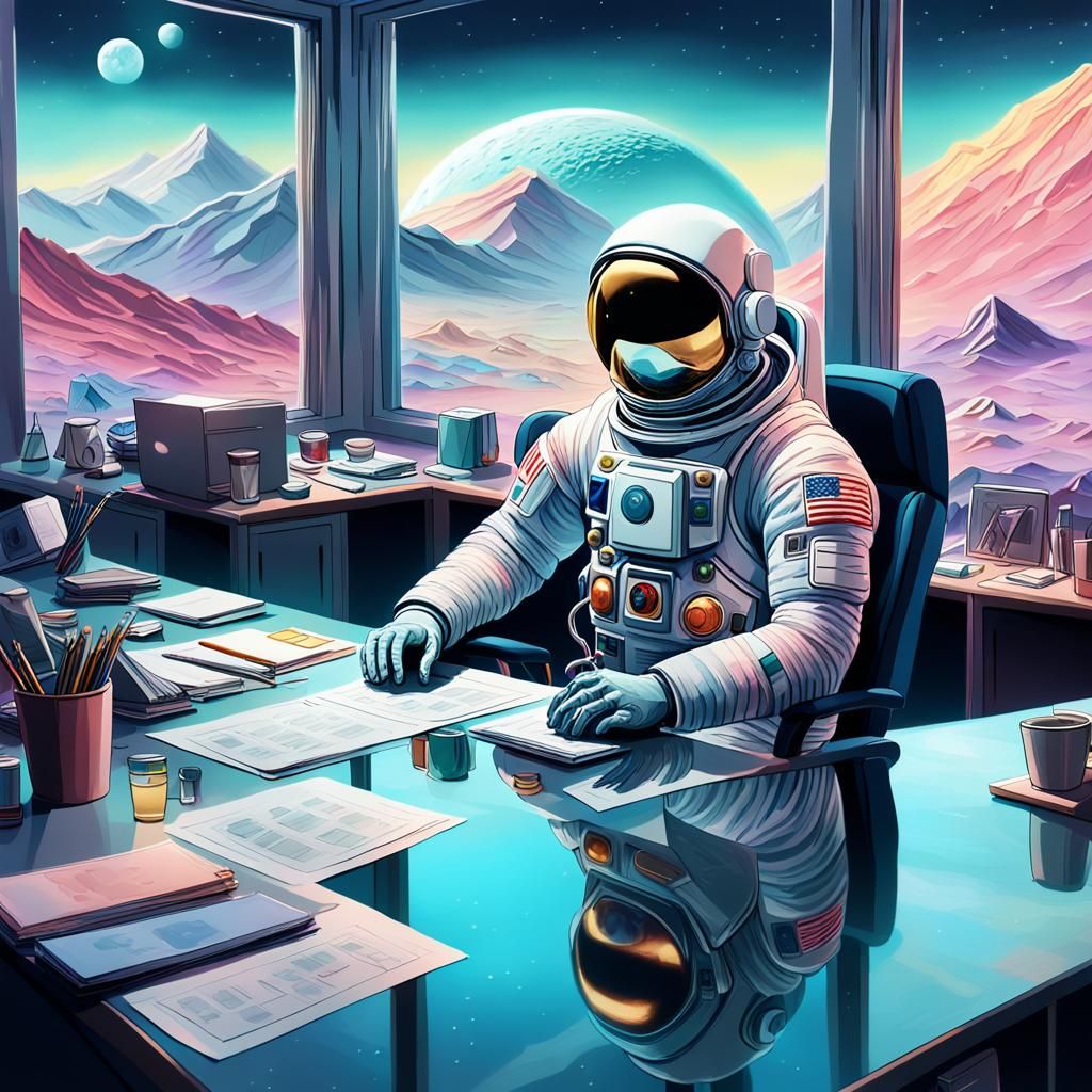 Astronaut Office on the Moon: Surrealist Concept Art