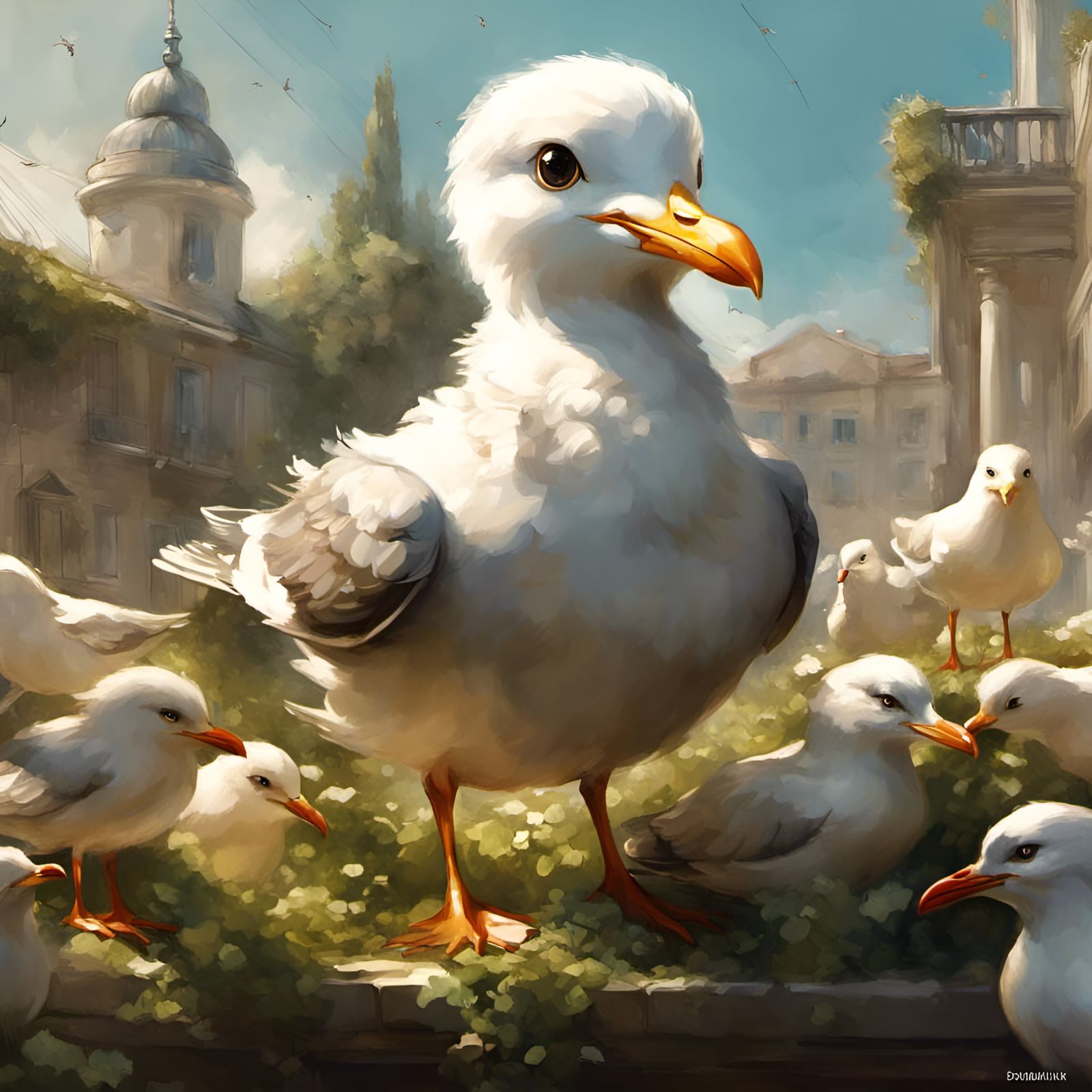 Anthropomorphic Seagull Gardener in Detailed 3D Rendering