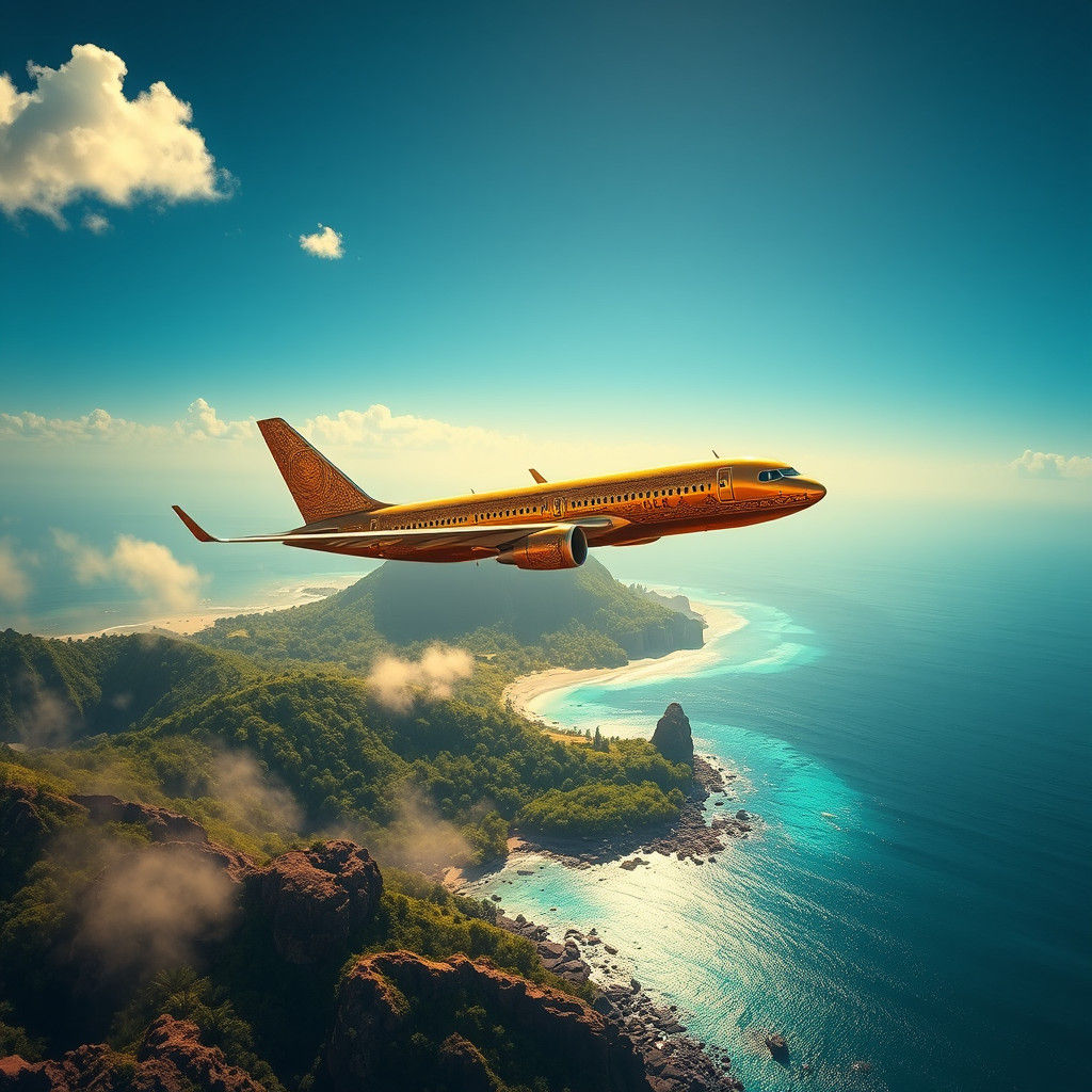 Golden Slavic Airliner Soaring Over Tropical Island