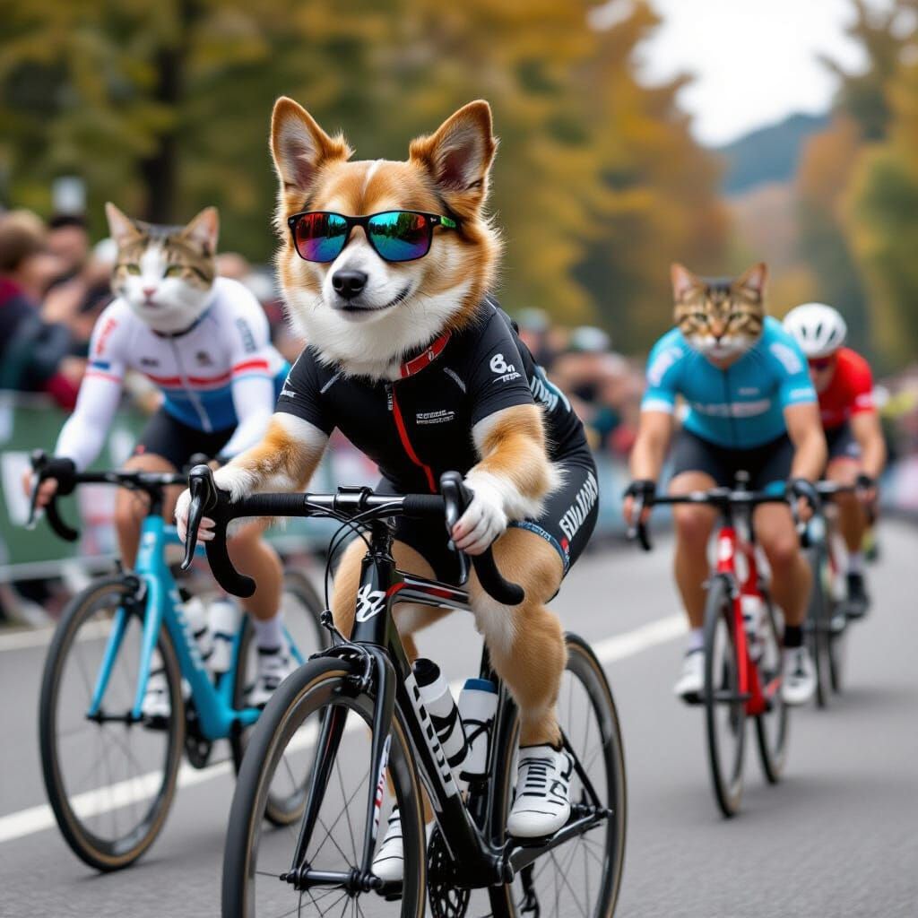 Dog and Cats Bicycle Race in Photorealistic Style