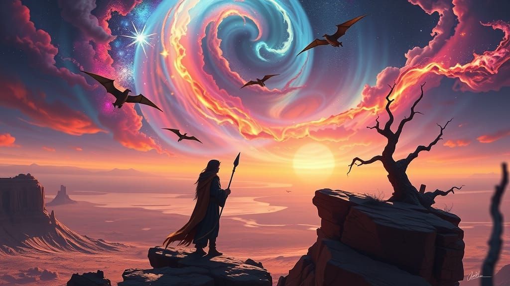 Elf Wanderer on Alien Cliff Overlooking Desert Sky