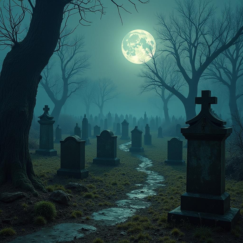 Moonlit Graveyard: Surreal Landscape in Digital Art Style