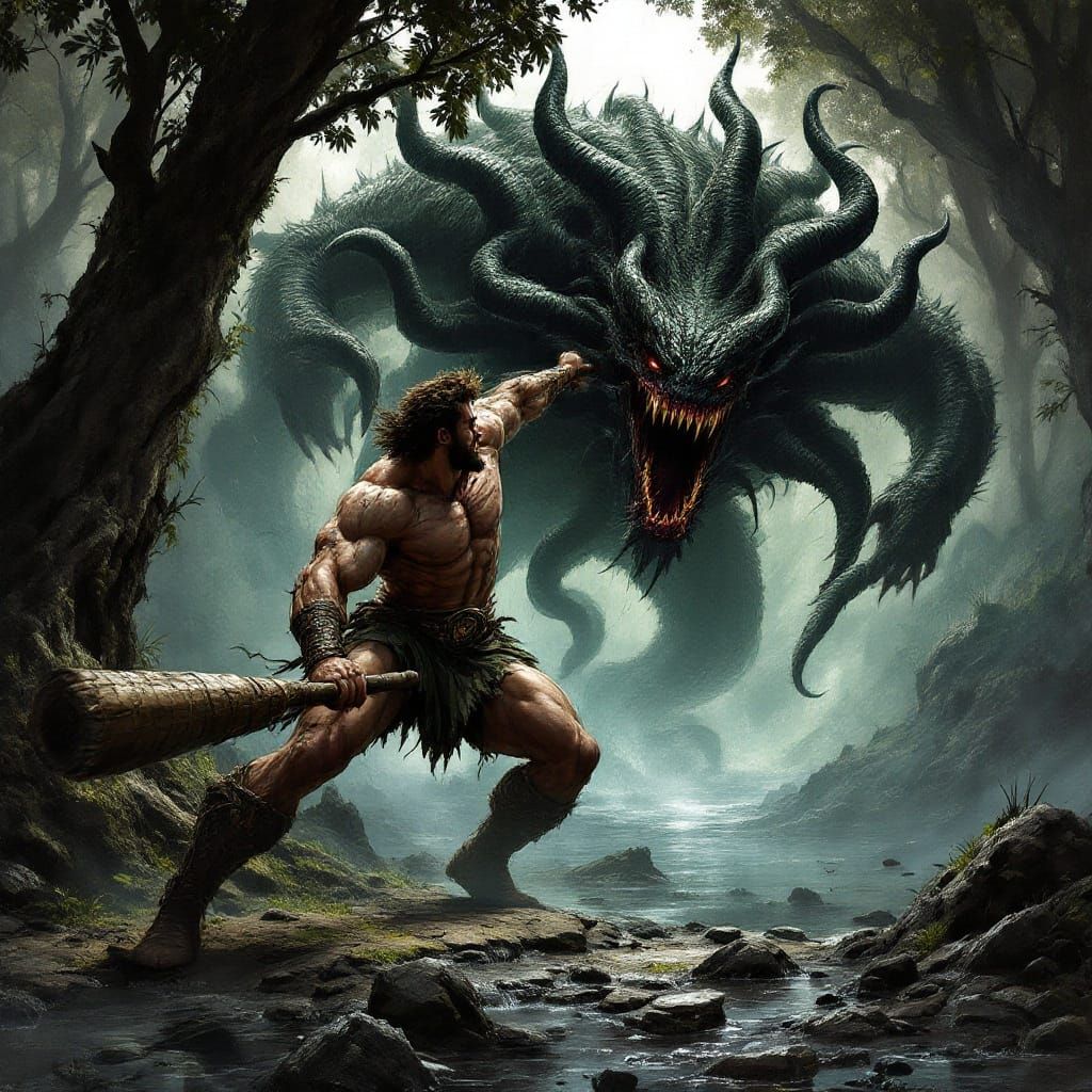 Hercules Battles the Hydra in Misty Swamp
