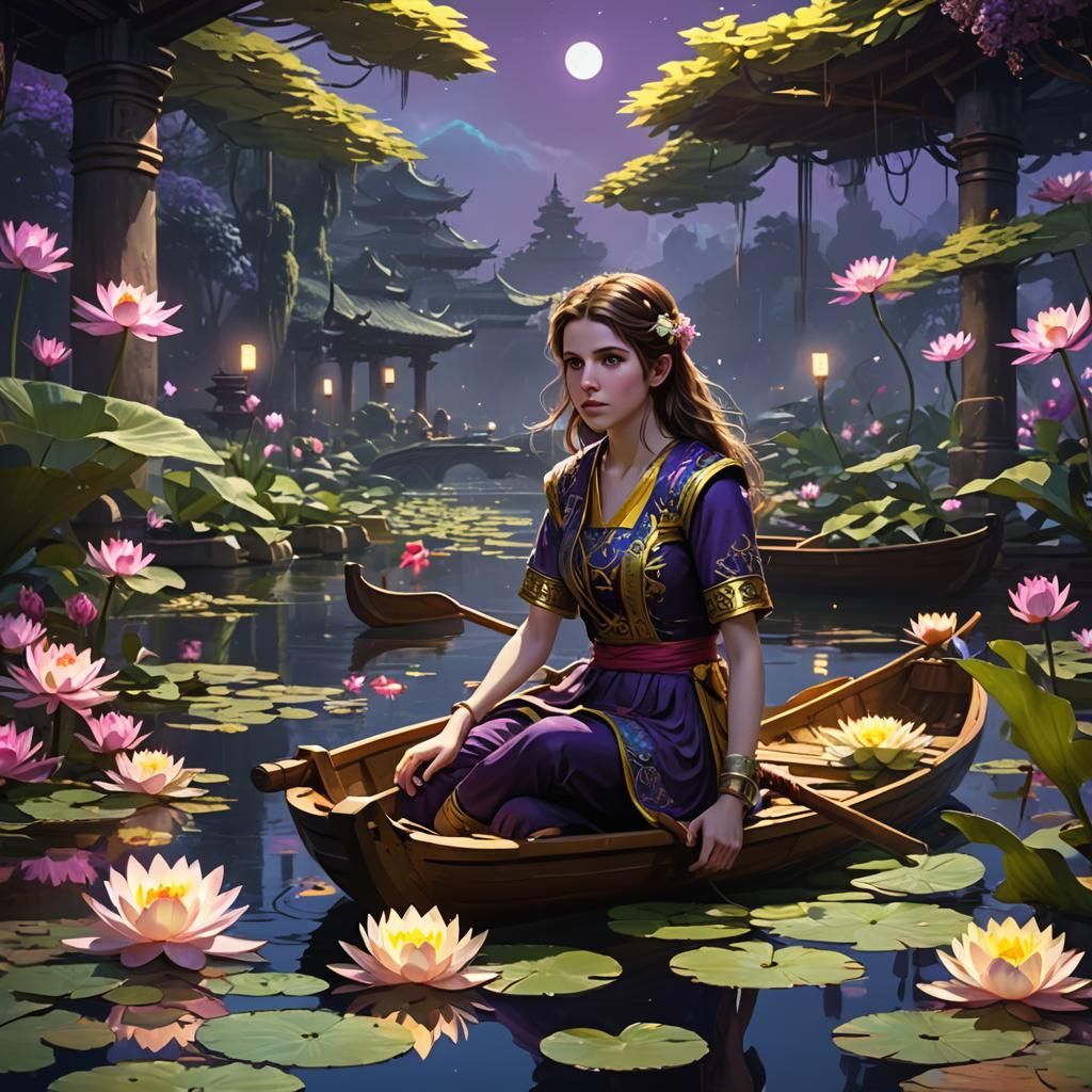 Anna Kendrick on Dragonboat at Night in Dark Fantasy Style