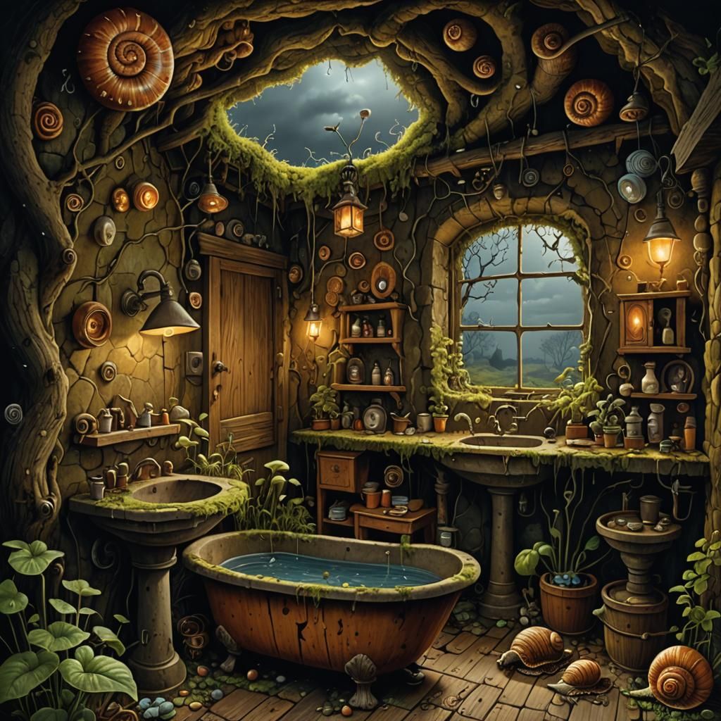 Surreal Cave Cottage Bathroom in Yerka Style