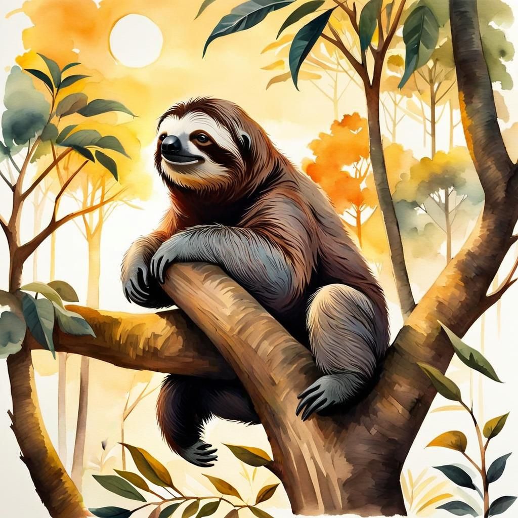 Sloth in Watercolor Landscape at Golden Hour