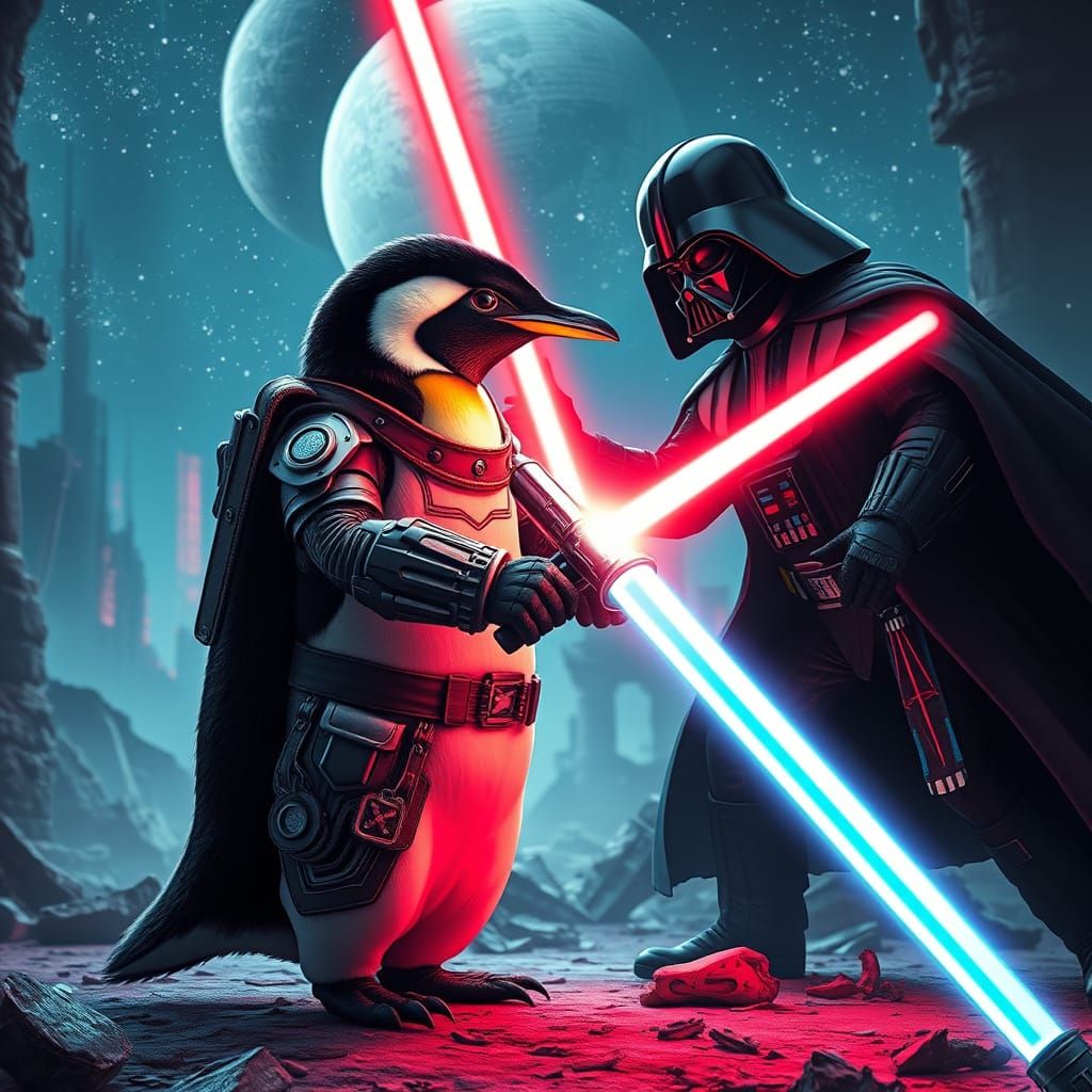 Sable Penguin Battles Darth Vader in Celestial City Ruins