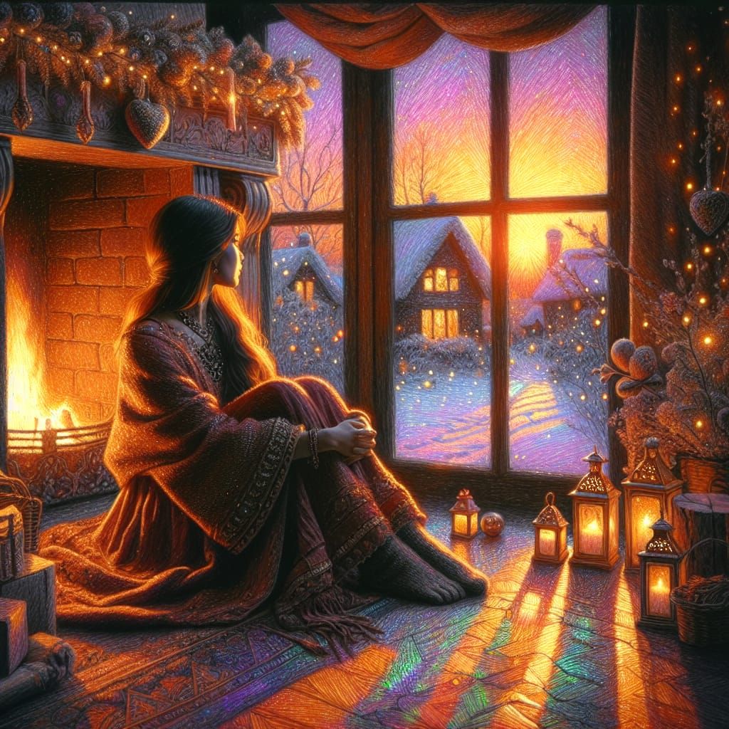 Bohemian Winter Village Scene in Oil Crayon Style