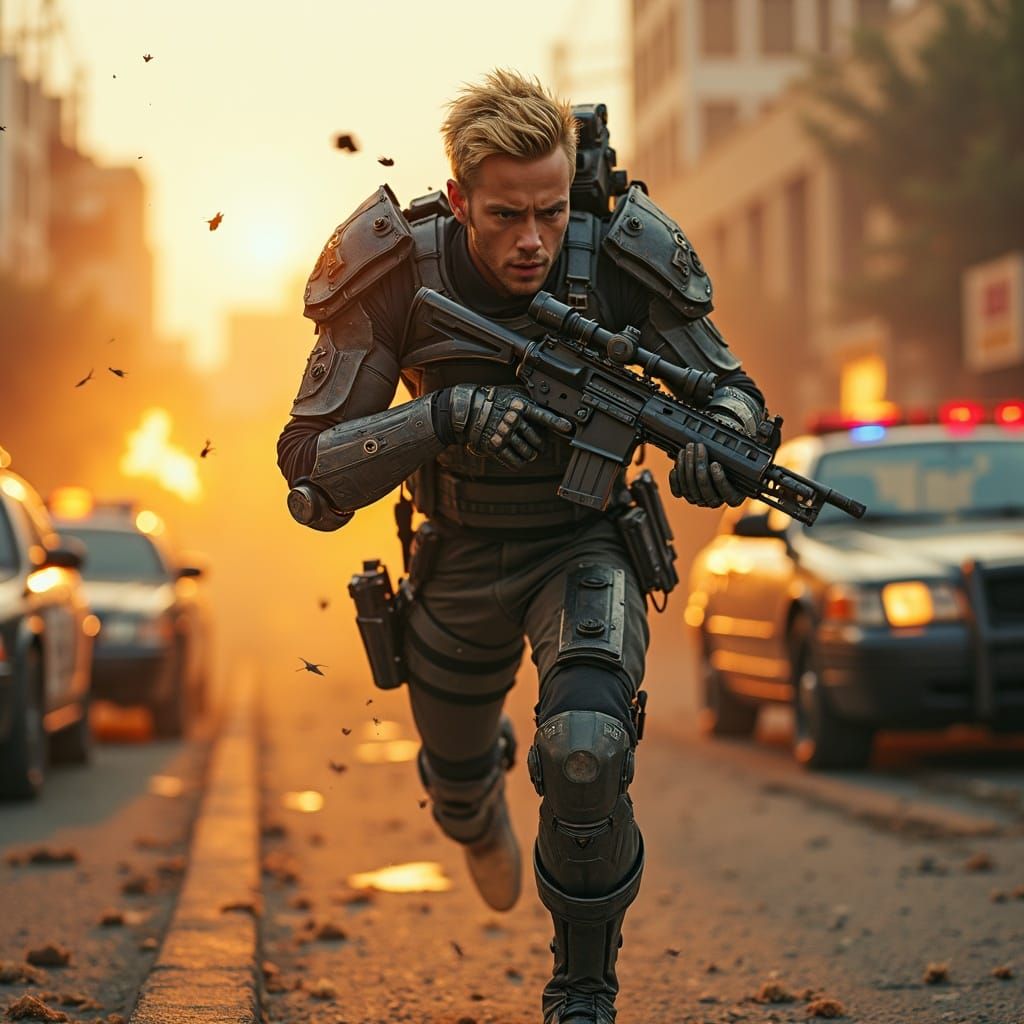 Cybernetic Man Leaping Through Fire in Combat Armor