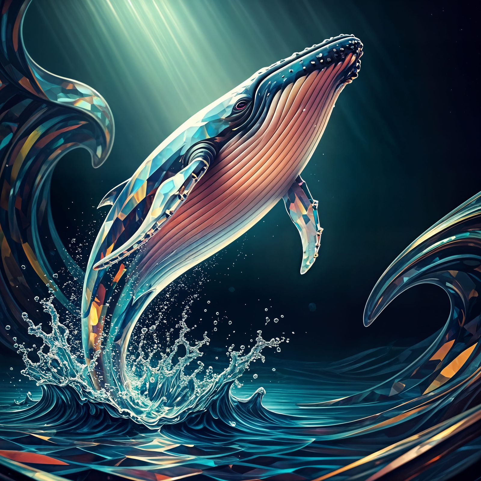 Crystal Glass Whale Breaks Surface in Majestic Iridescent Hu...