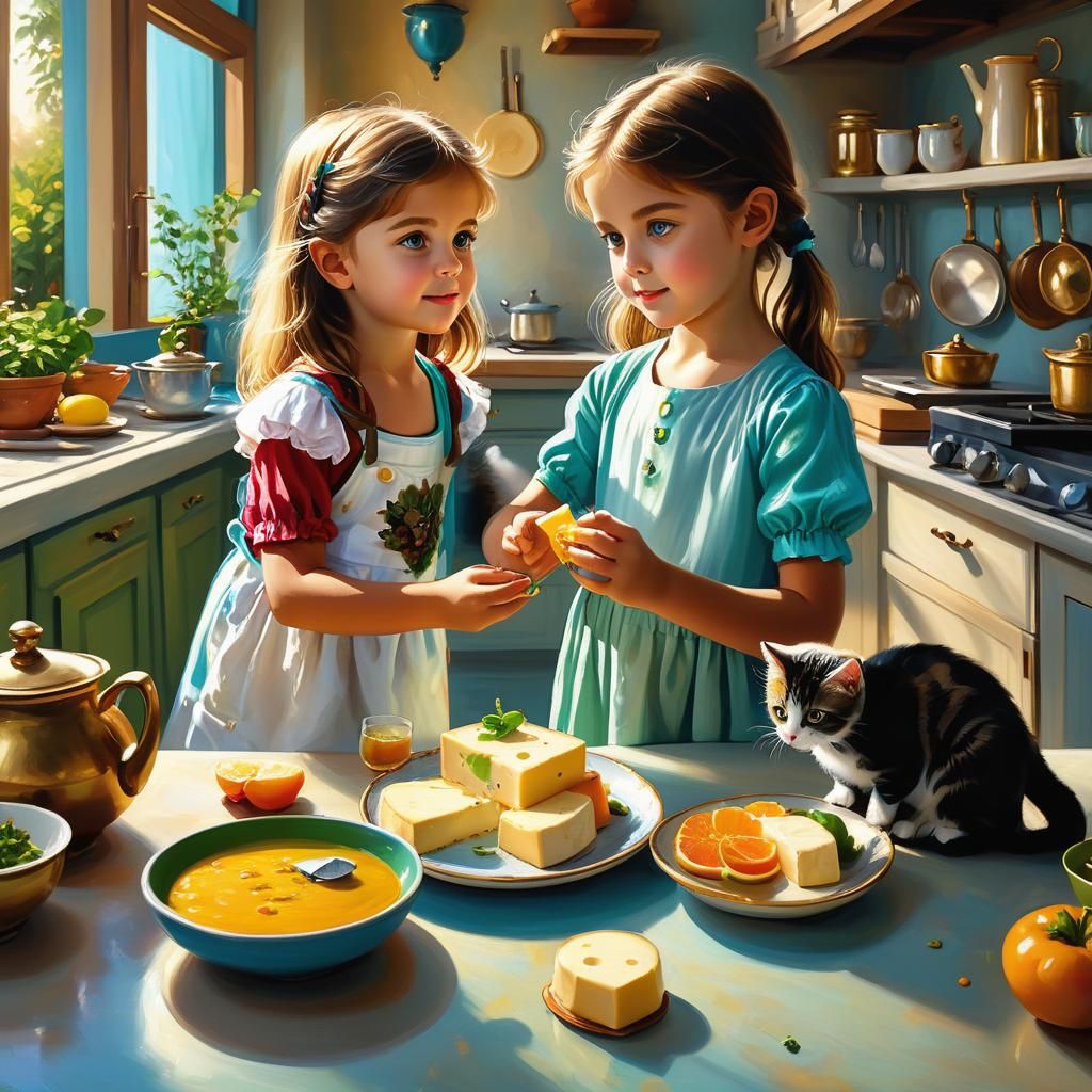 Girl Feeds Cat in Villa Kitchen: Vibrant Oil Painting