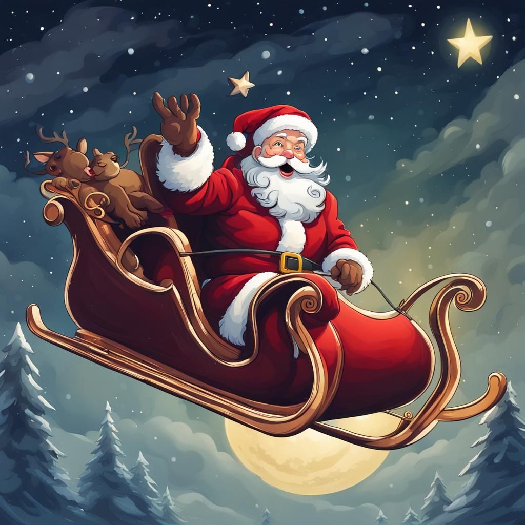 Santa Claus Sleigh Flying in the Night Sky