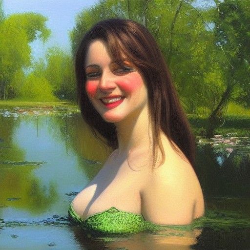 Seductive Woman in Green Lake, Oil Painting