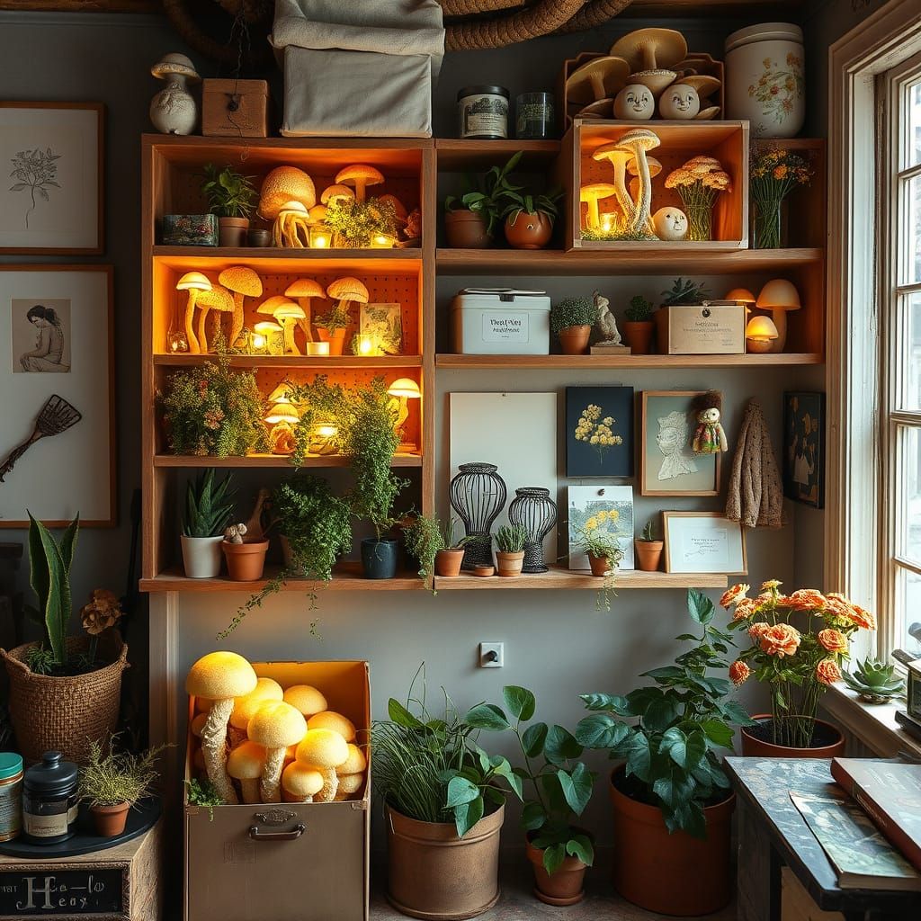 Artist's Studio with Glowing Flora, Watercolor Style