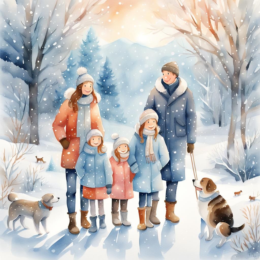 Watercolor Family Portrait in Winter Landscape
