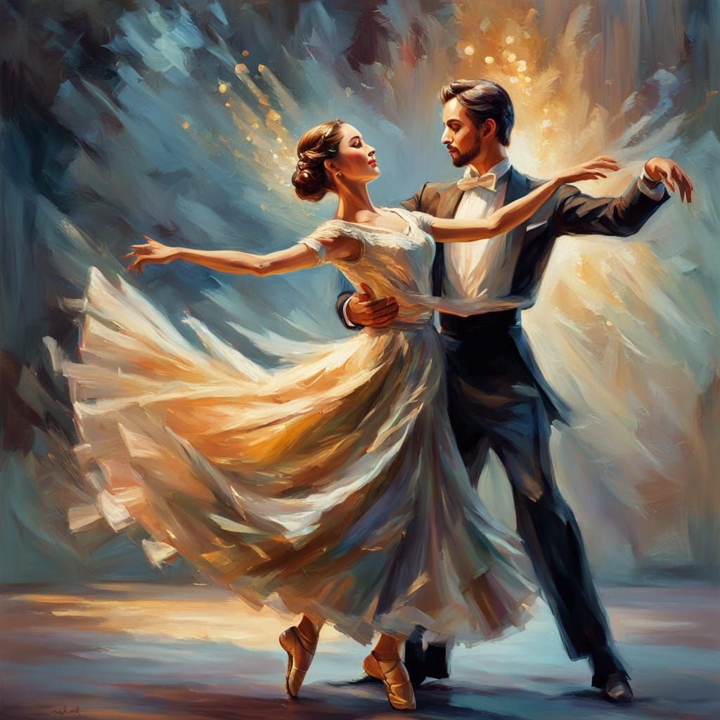 Elegant Couple Dancing: An Oil Painting in Golden Hour