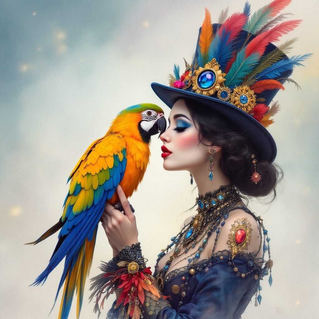 Bohemian Woman and Parrot in Watercolor Style