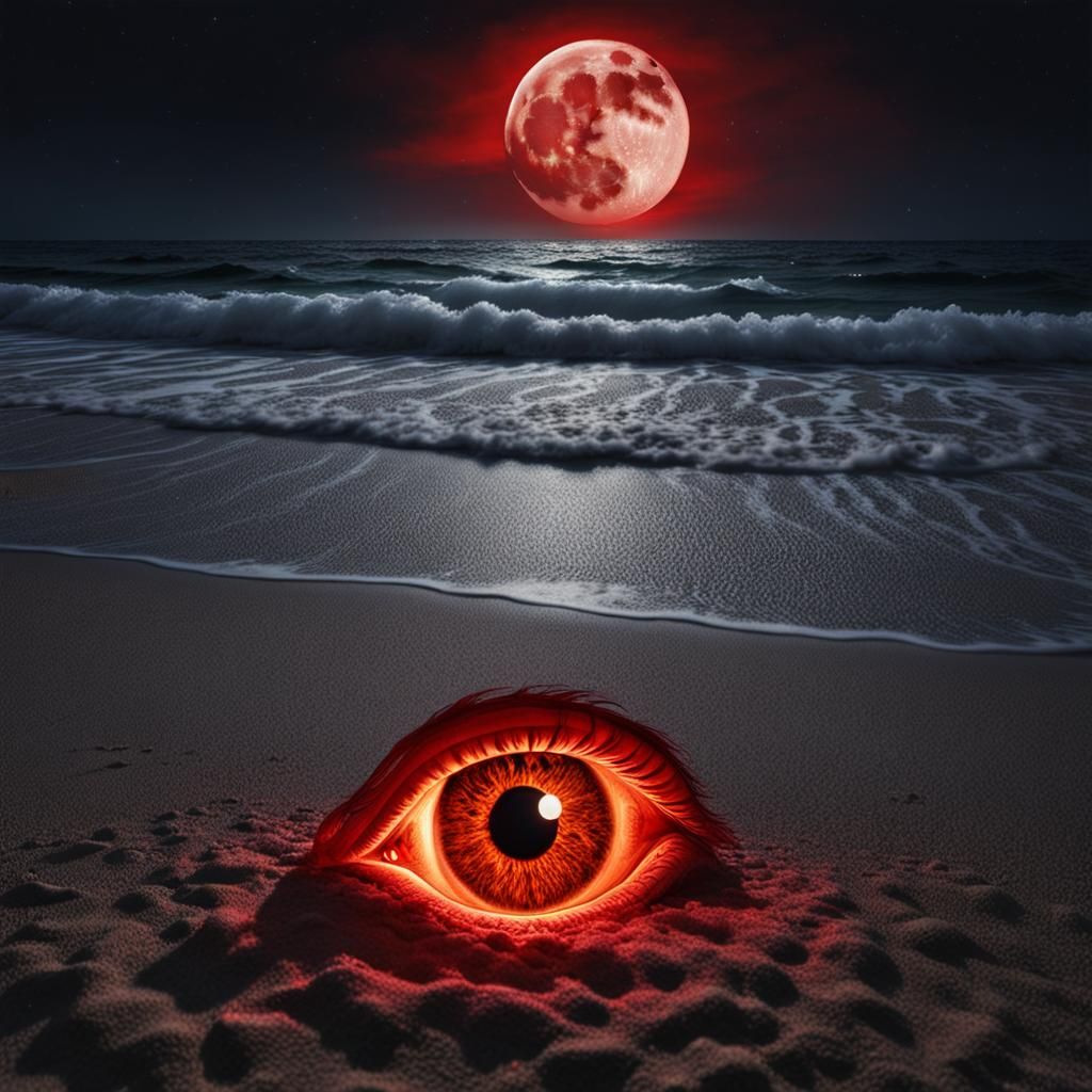 Flaming Red Eye on Beach in Moonlight