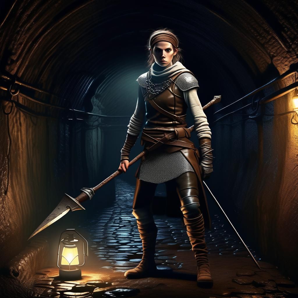 Fantasy Woman with Spear in Dark Sewers