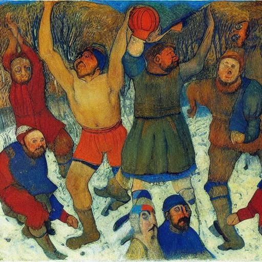 Peasant and Bears Play Basketball: Expressionist Winter Scen...