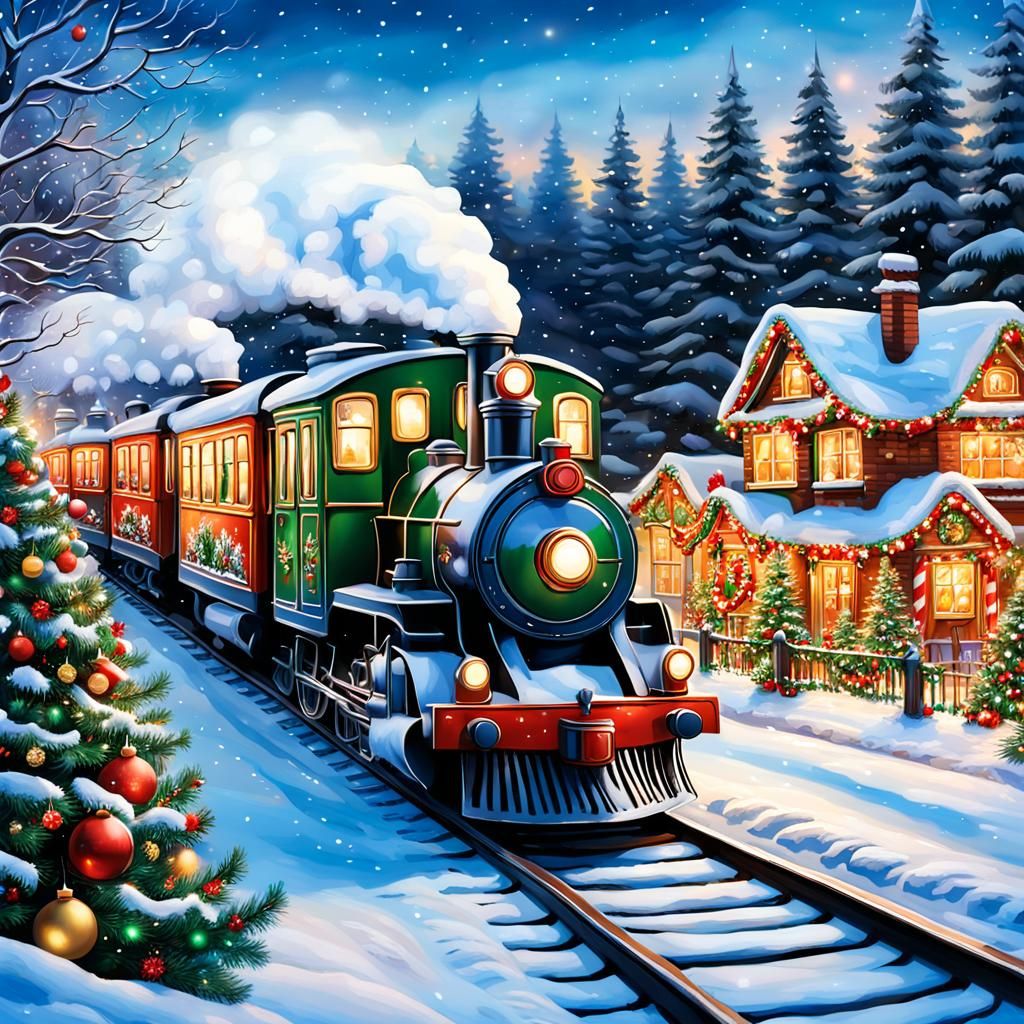 Surreal Christmas Train Chugs Along Snowy Village in Vibrant...