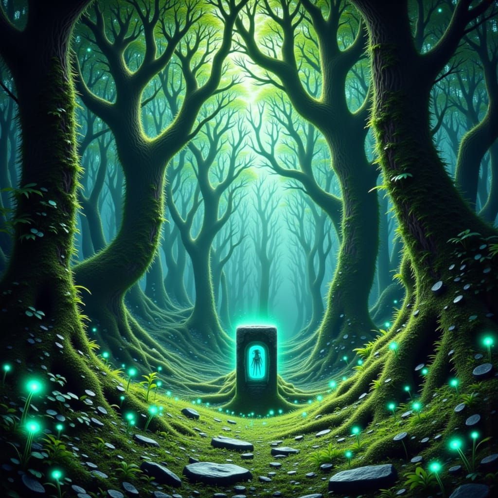 Mystical Ancient Forest with Glowing Flora and Stone Altar