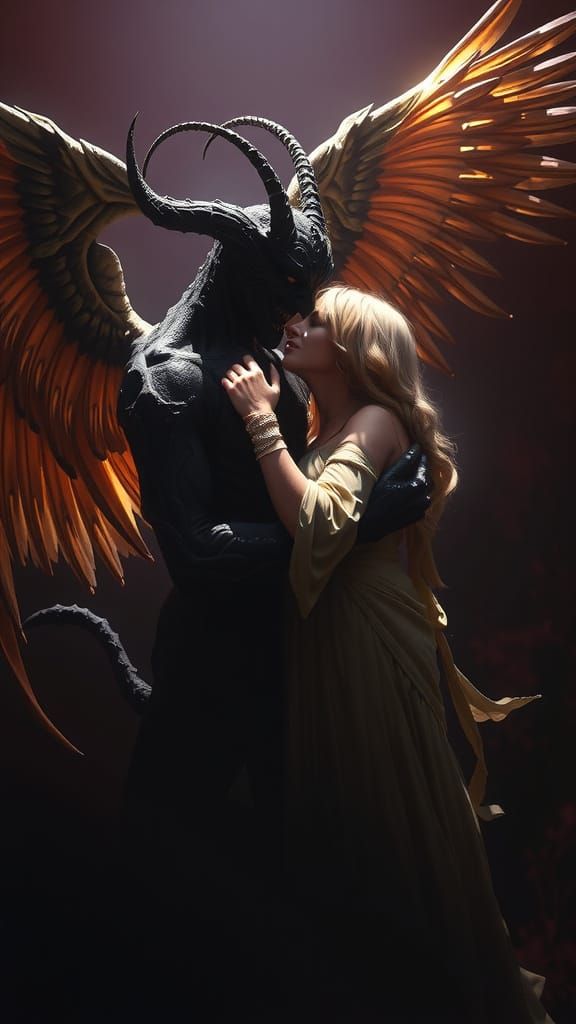 Dark Fantasy Demon and Angel Embrace in Rich, Cinematic Art