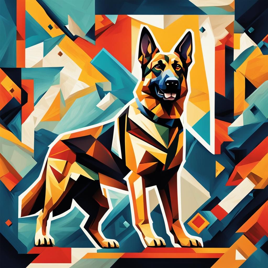 German Shepherd Leaps from Cubist Painting