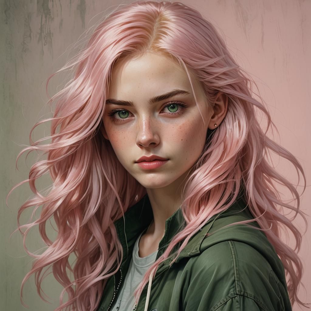 Hyperrealistic Portrait of a Pink-Haired Girl