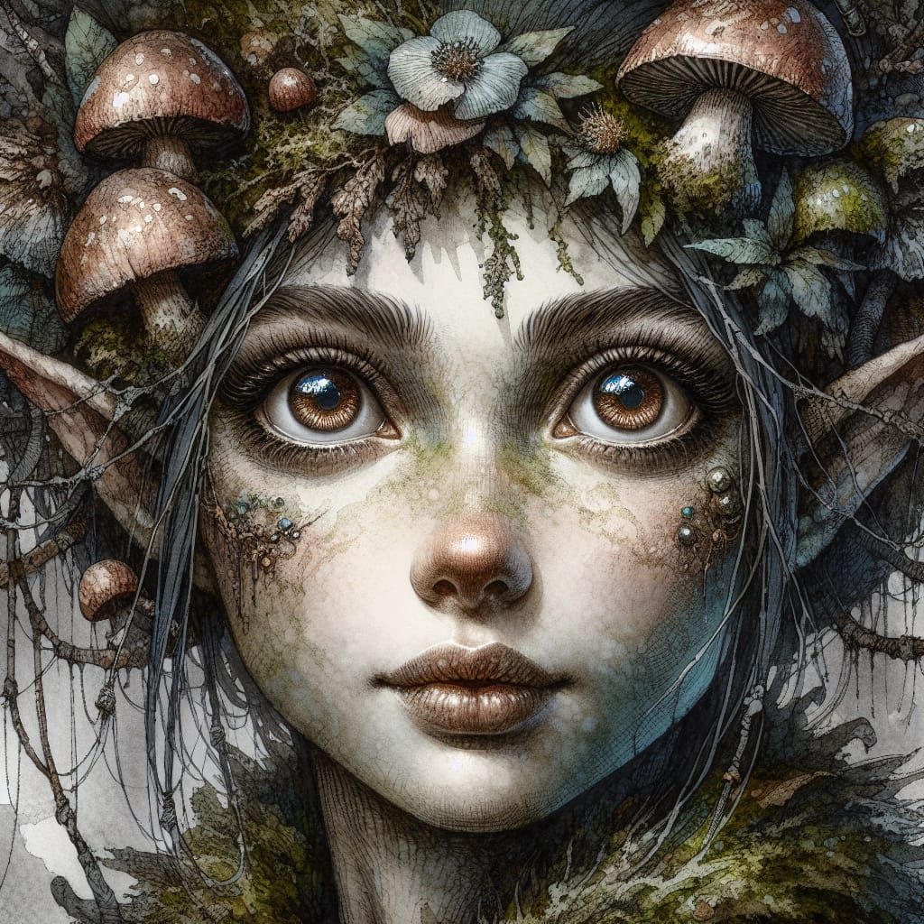 Forest Goblin with Mushroom Antlers in Romantic Style