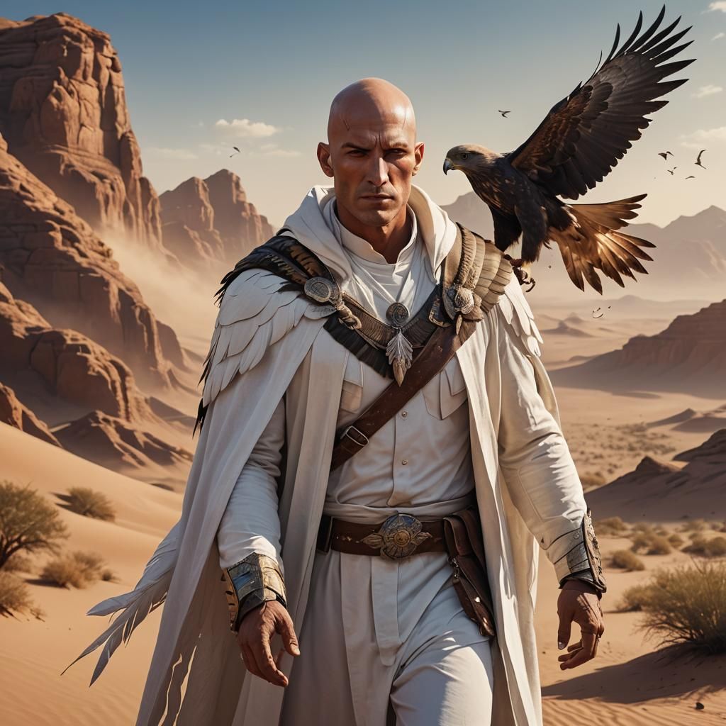 Egyptian God with Hawk in Desert Landscape