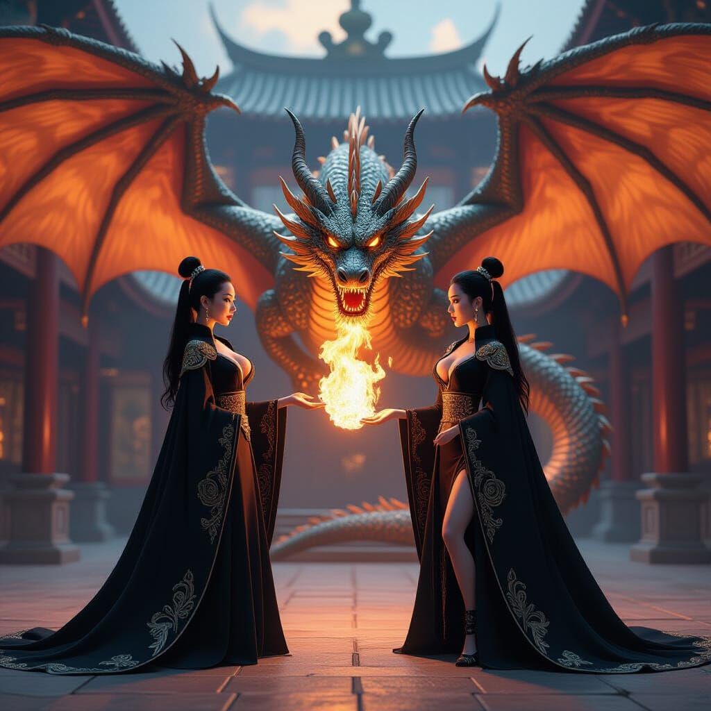 Asian Warrior Woman Faces Fire Dragon in Temple Arena