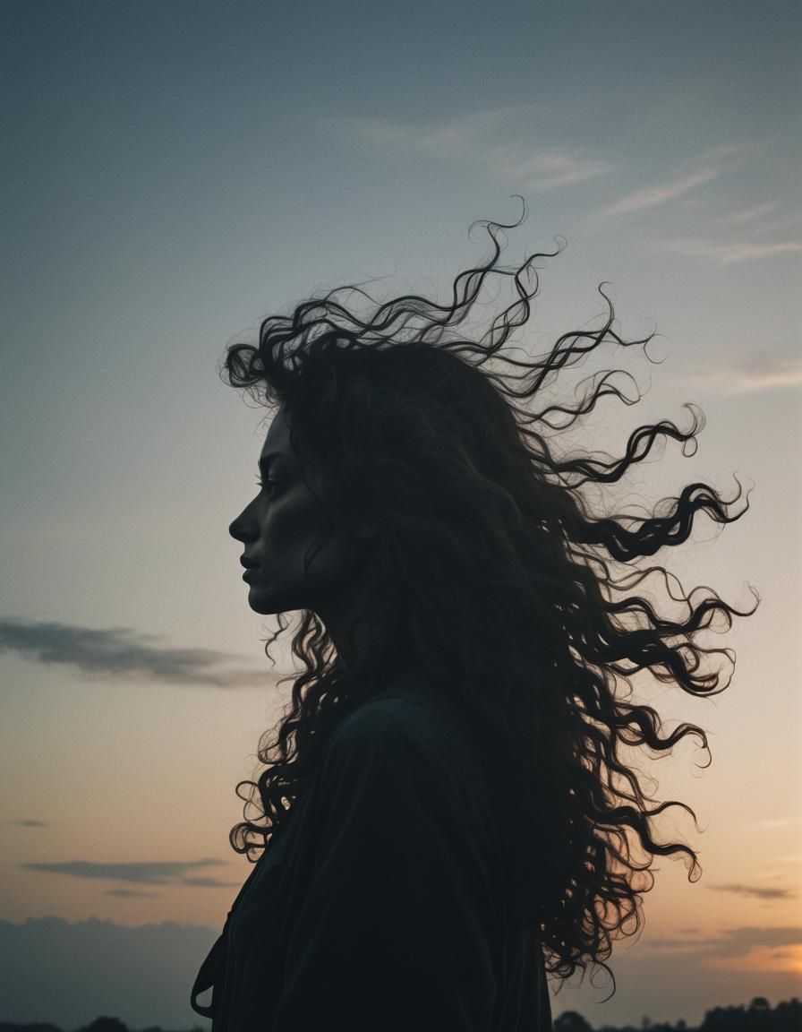 Silhouette of Woman with Flowing Hair at Twilight